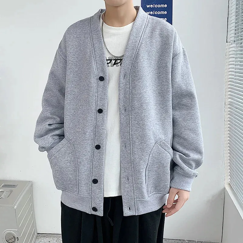 2023 Korean Sweatshirts Men Fashion Solid Color Style Hoodies Autumn Brand Casual Loose Coat Street Thick Warm Male Cardigans