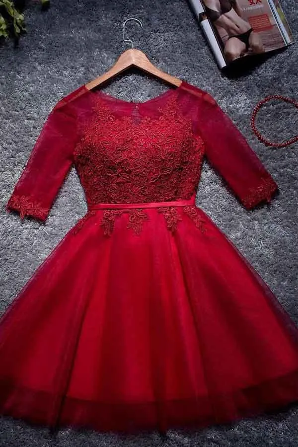 A-line Tulle Homecoming Dresses Scoop Red Short/Mini Prom Dresses  PD049