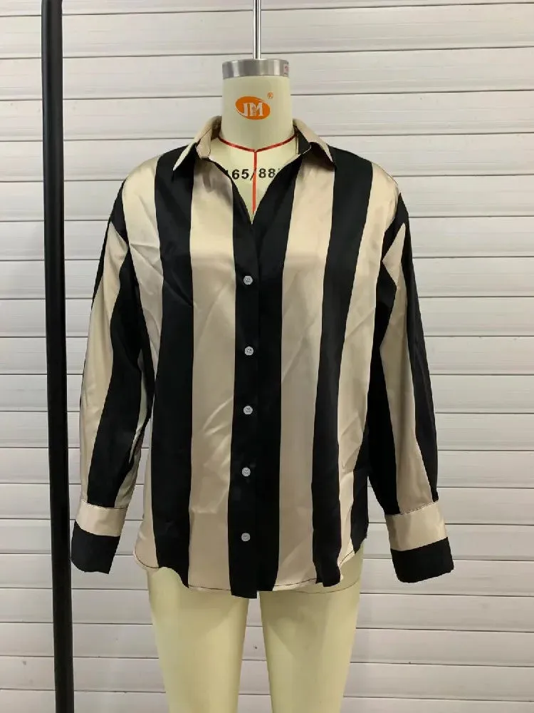 Autumn Striped Single-Breasted Leisure Curved Blouse