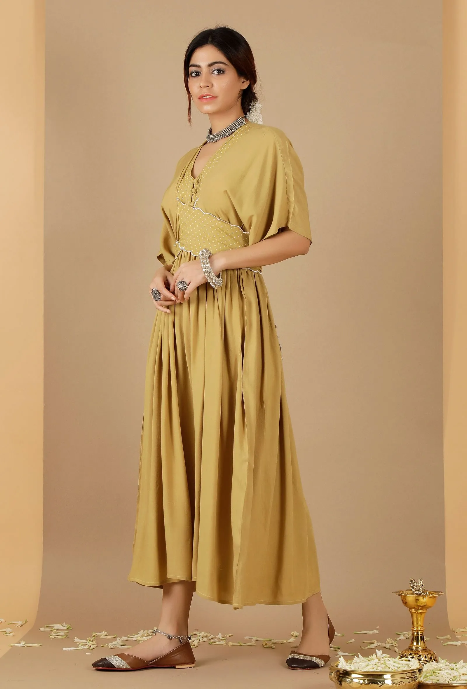 Bandhani Gathered & Flared Dress With Attached Belt