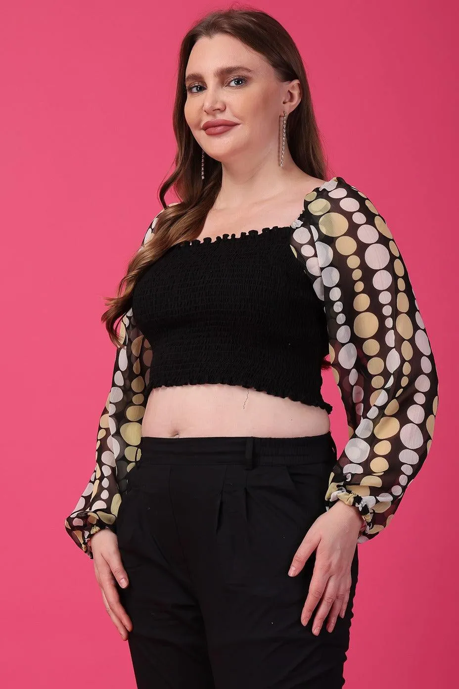 Black Smocked Top with Dots Printed Sleeves