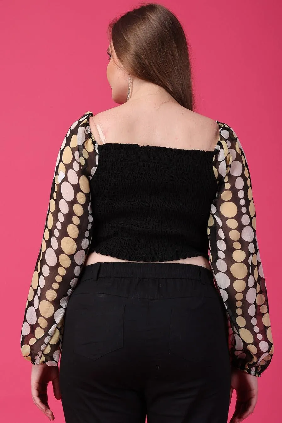 Black Smocked Top with Dots Printed Sleeves