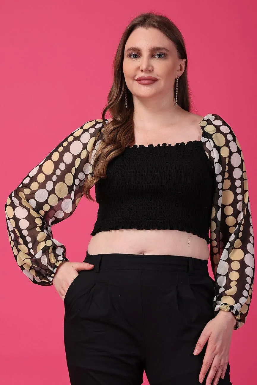 Black Smocked Top with Dots Printed Sleeves