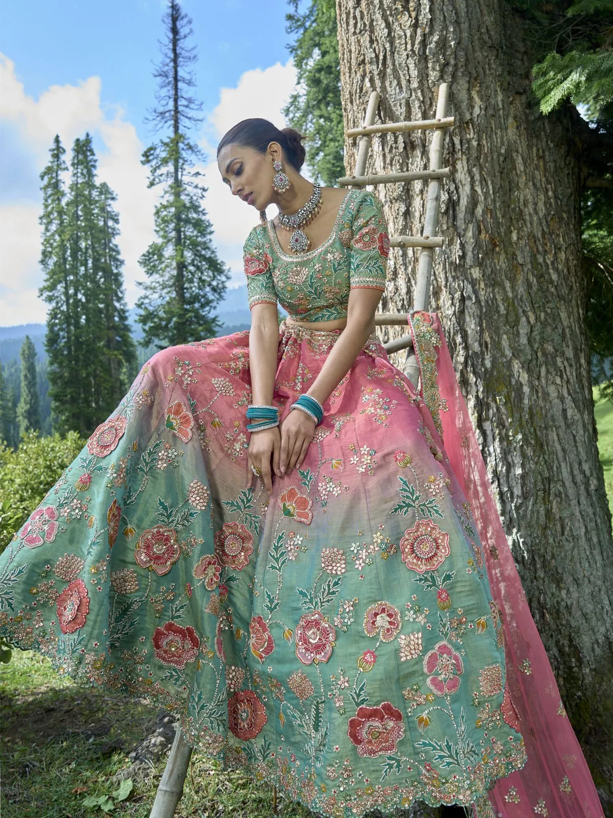 Blue And Pink Multi Embroidery Wedding Lehenga Choli