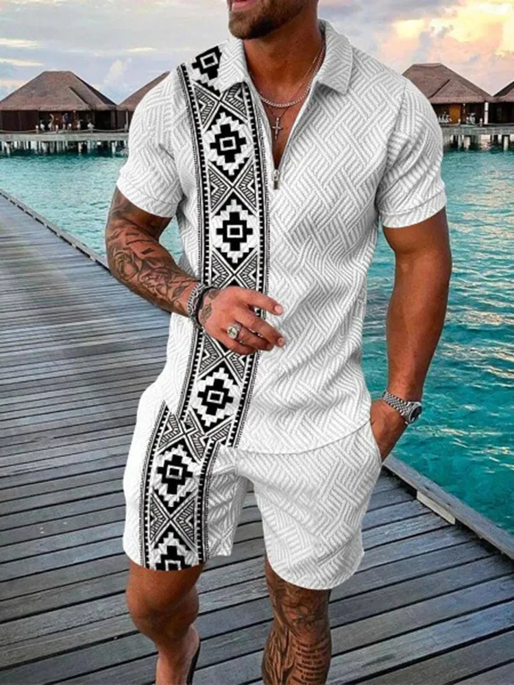 Boho Geometric Style 3D Print Men Polo shirts Set Zipper Lapel Polo Sets Zipper Collar Shorts 2pcs Hawaii Holiday Man Clothes