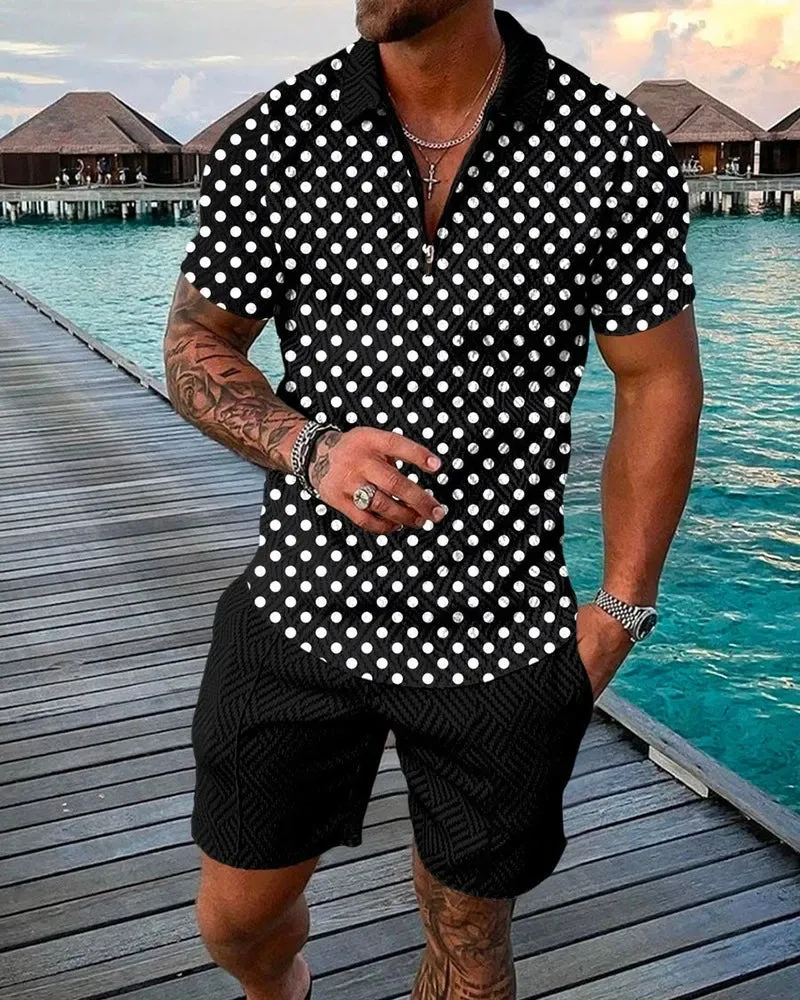 Boho Geometric Style 3D Print Men Polo shirts Set Zipper Lapel Polo Sets Zipper Collar Shorts 2pcs Hawaii Holiday Man Clothes