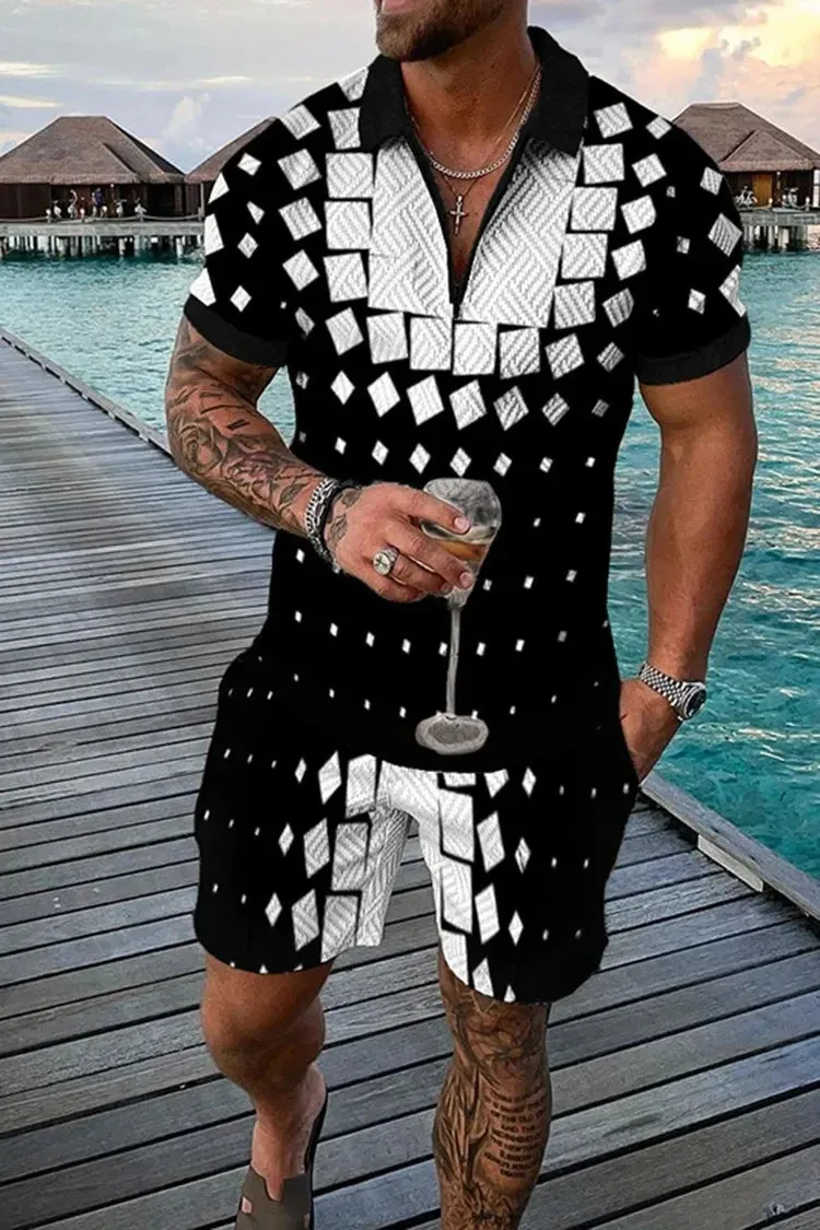 Boho Geometric Style 3D Print Men Polo shirts Set Zipper Lapel Polo Sets Zipper Collar Shorts 2pcs Hawaii Holiday Man Clothes