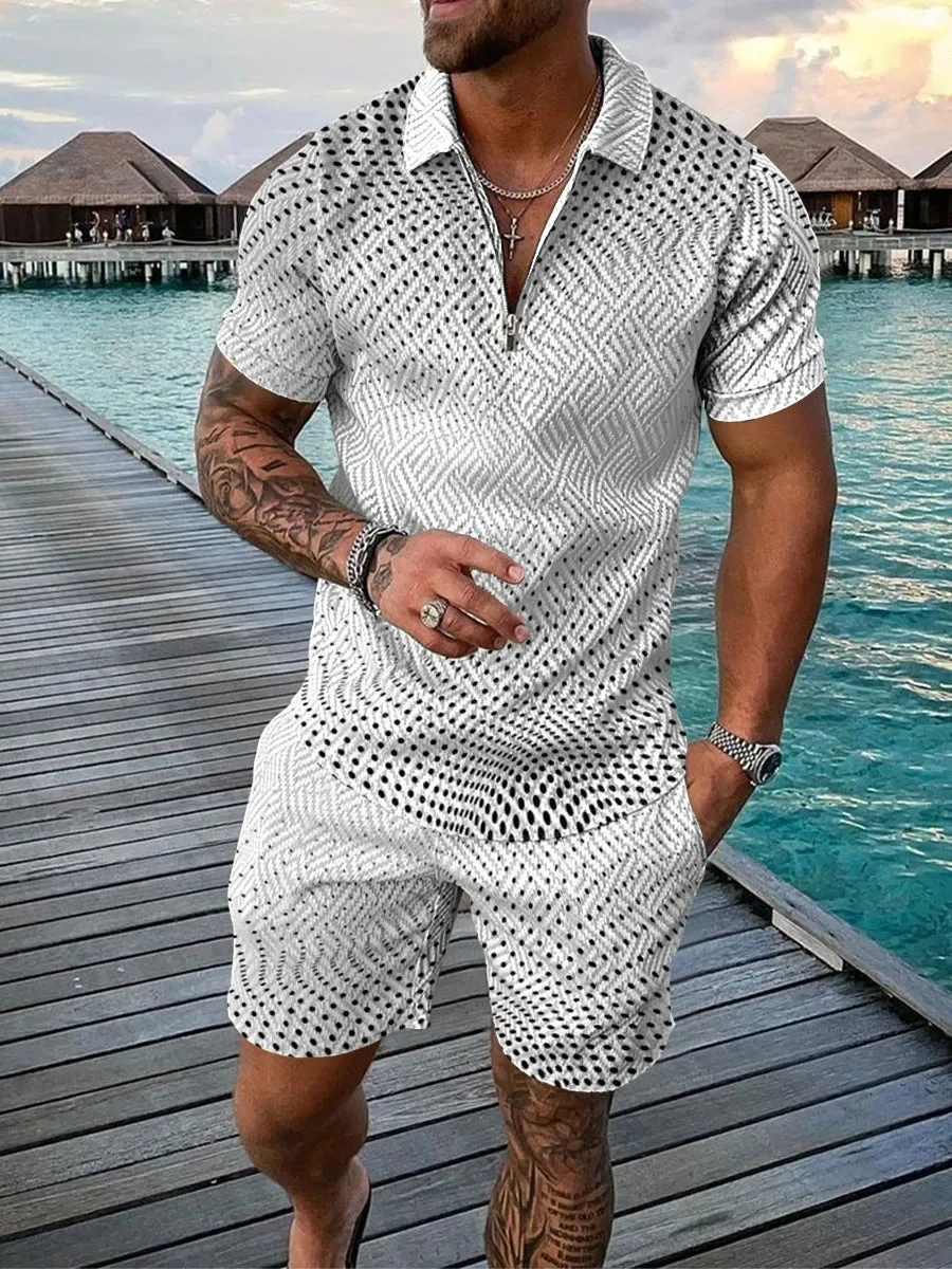 Boho Geometric Style 3D Print Men Polo shirts Set Zipper Lapel Polo Sets Zipper Collar Shorts 2pcs Hawaii Holiday Man Clothes