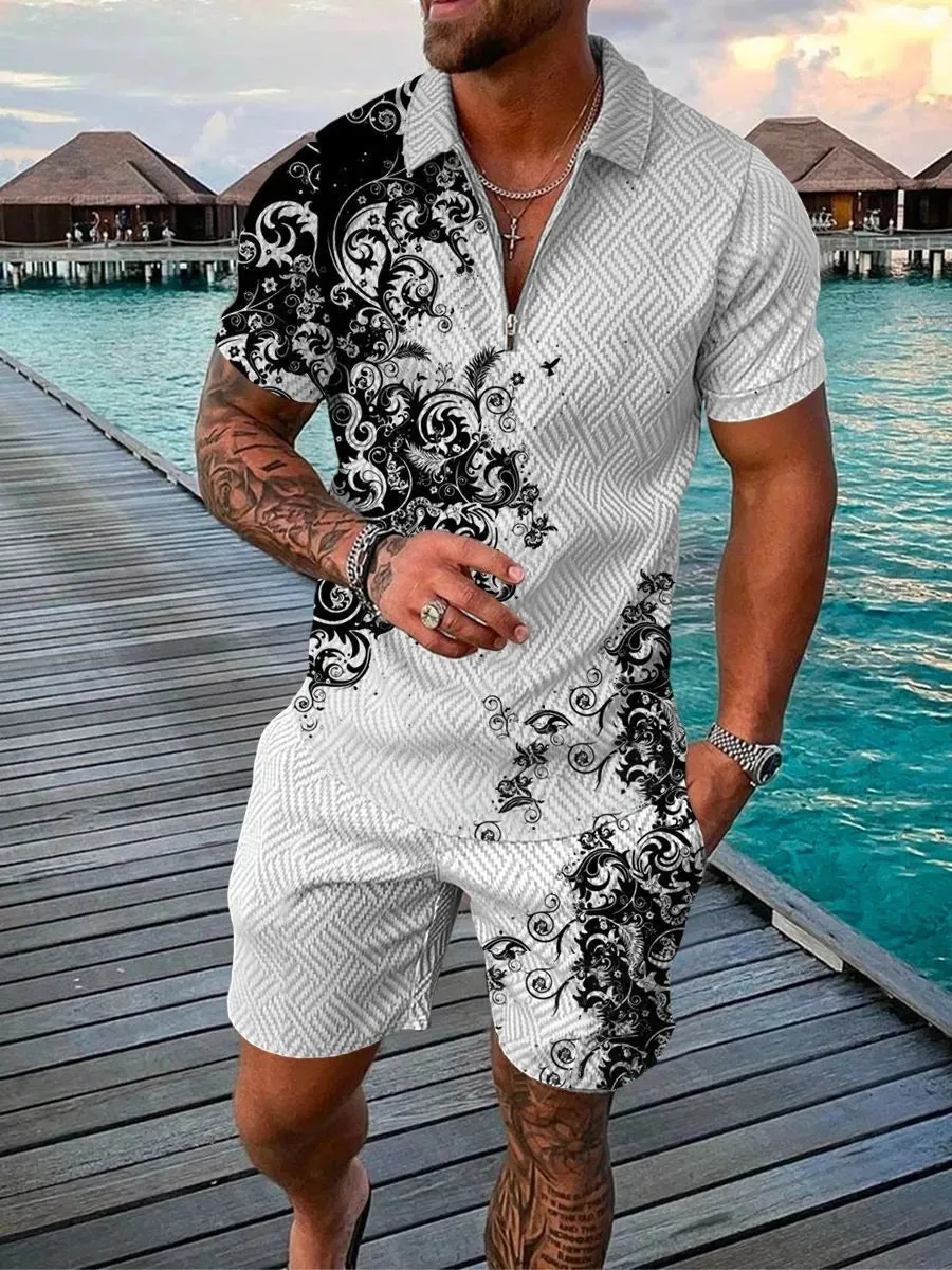 Boho Geometric Style 3D Print Men Polo shirts Set Zipper Lapel Polo Sets Zipper Collar Shorts 2pcs Hawaii Holiday Man Clothes