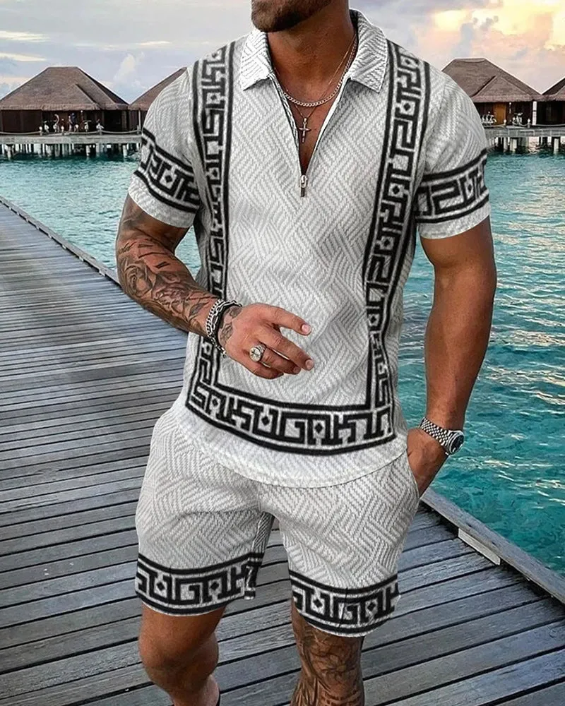 Boho Geometric Style 3D Print Men Polo shirts Set Zipper Lapel Polo Sets Zipper Collar Shorts 2pcs Hawaii Holiday Man Clothes