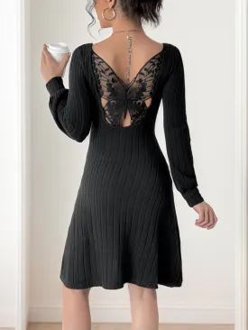 Butterfly Square Neck Long Sleeve Dress