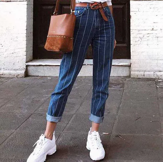 Casual Slimming Cuffed High Waisted Vertical Striped Skinny Jeans