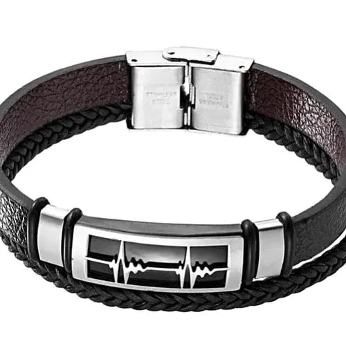 Classy Men Silver Heartbeat Leather Band Bracelet