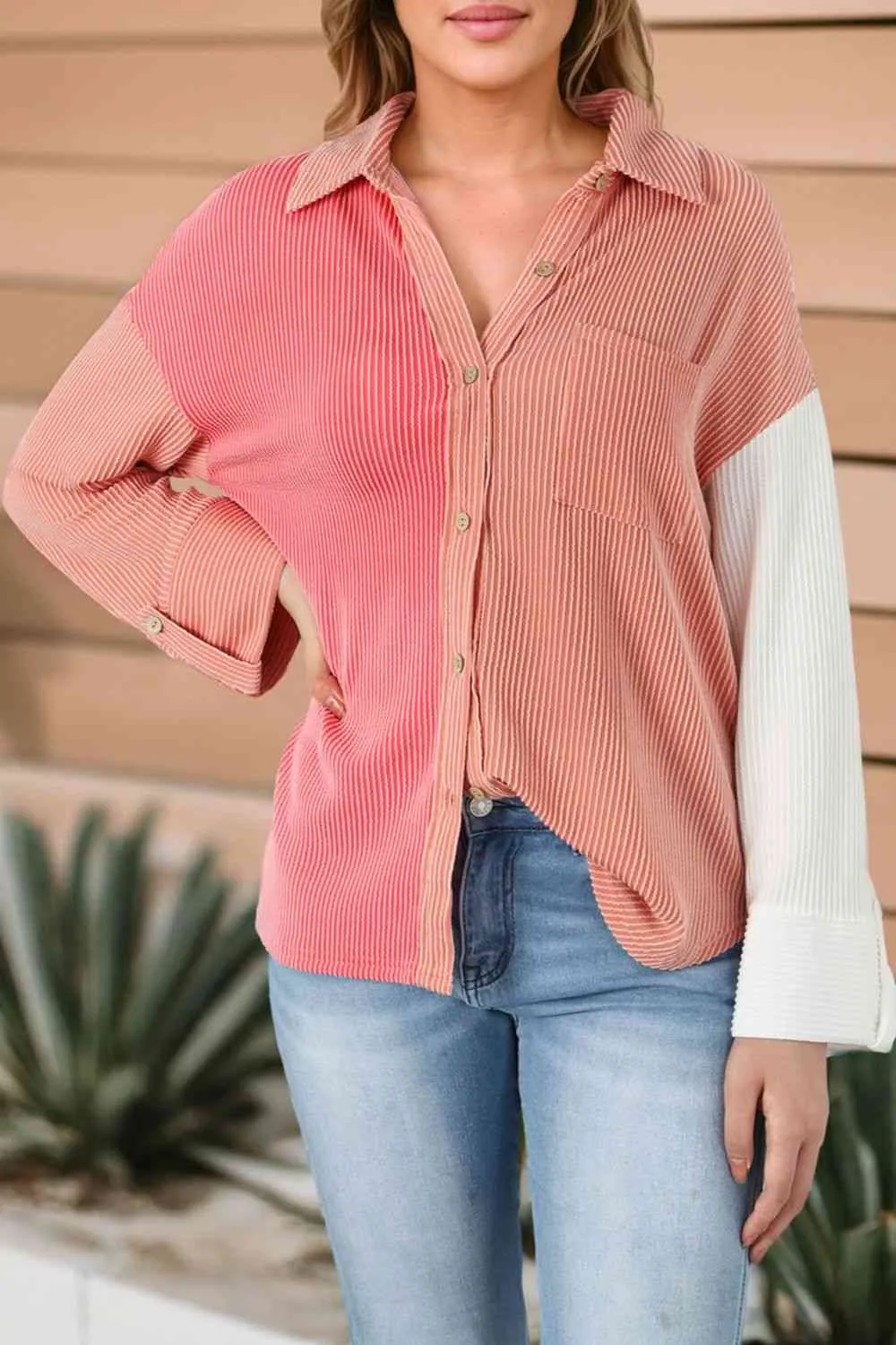 Color Block Drop Shoulder Shirt with Pocket