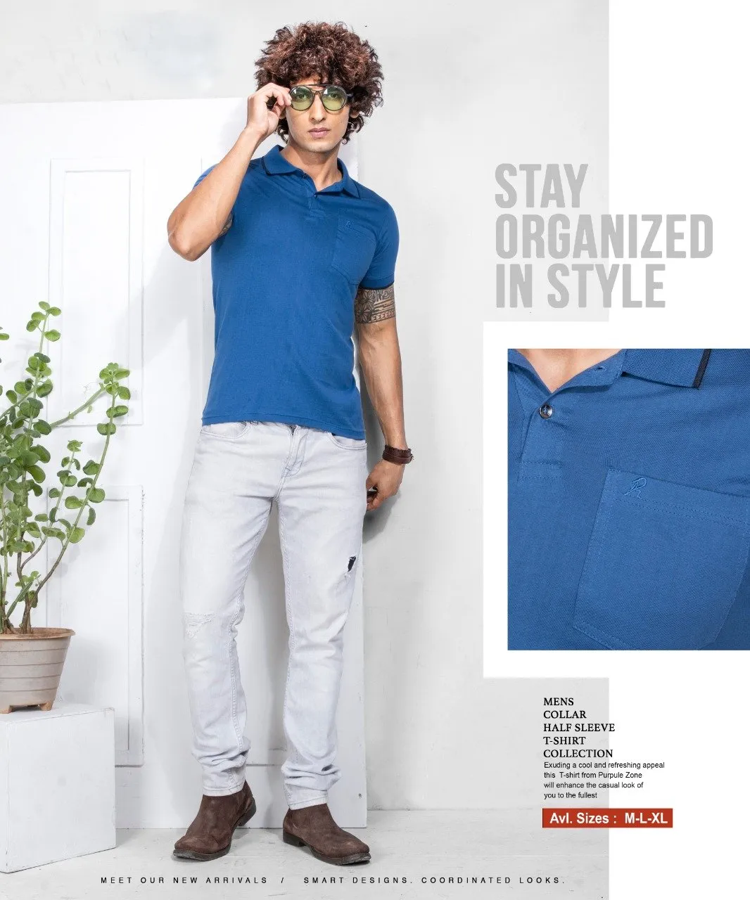 Cotton Blue Polo T-Shirt for Men With Plain Collar