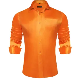 DiBanGu Long Sleeve Shirt Tiger Orange Solid Silk Satin Mens Dress Shirt