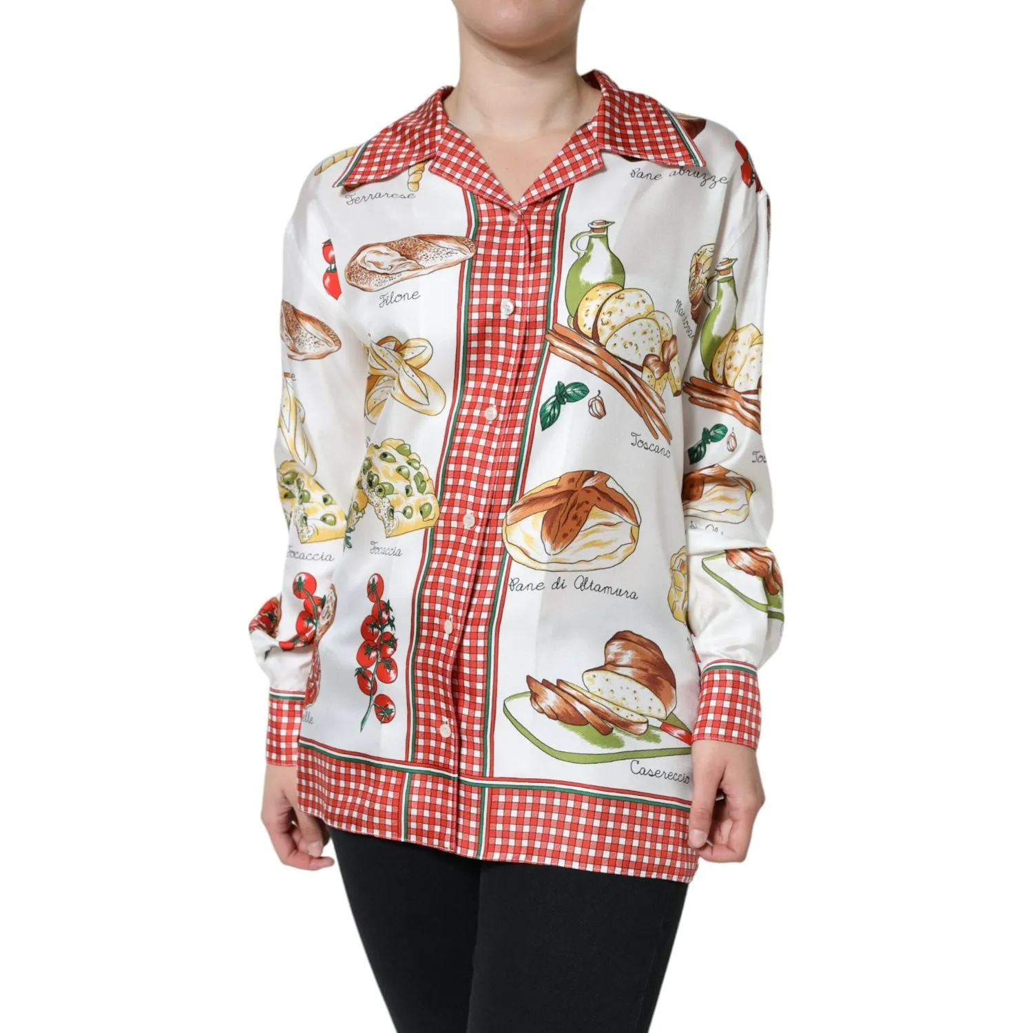 Dolce & Gabbana Multicolor Bread Print Collared Blouse Top