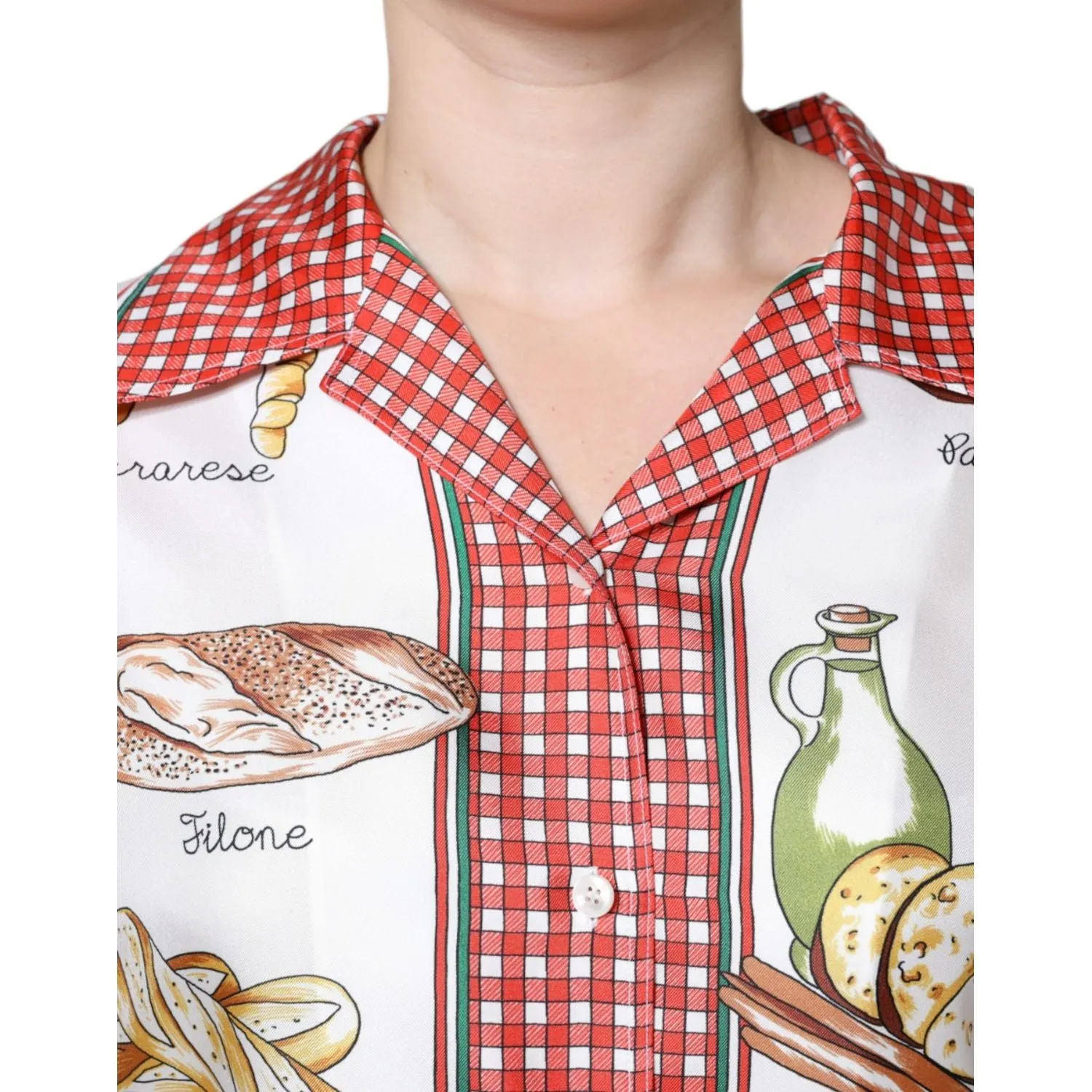 Dolce & Gabbana Multicolor Bread Print Collared Blouse Top