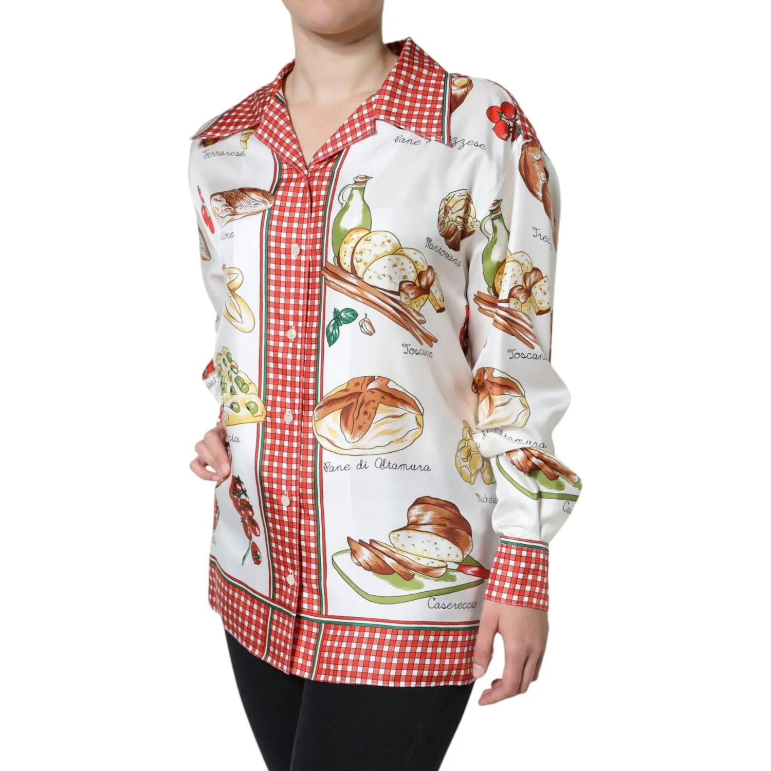 Dolce & Gabbana Multicolor Bread Print Collared Blouse Top