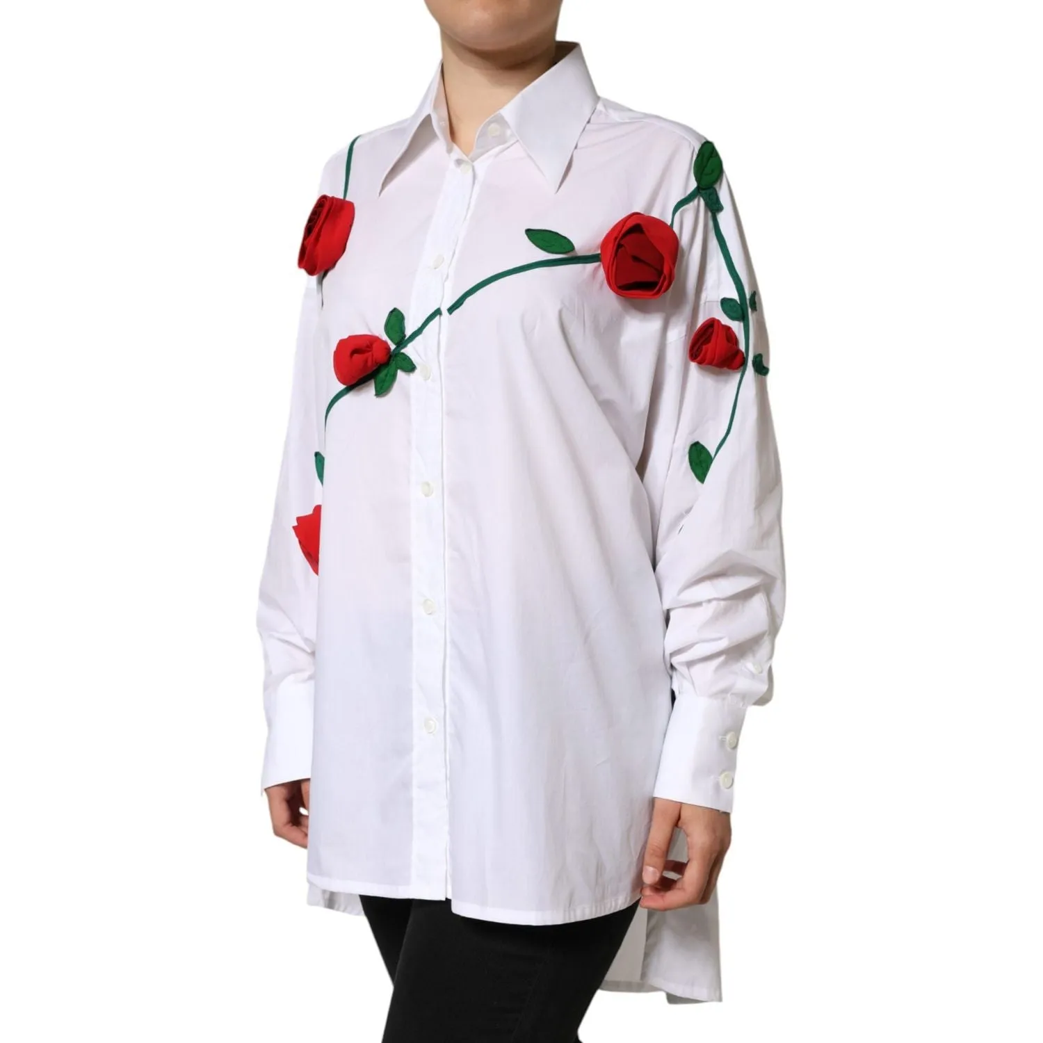 Dolce & Gabbana White Cotton Flower Applique Dress Shirt Top