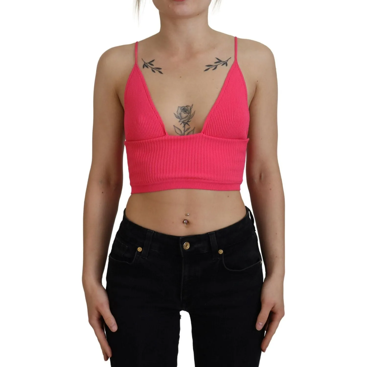 Dsquared² Pink Ribbed Knit Bra Cropped Spaghetti Strap Top