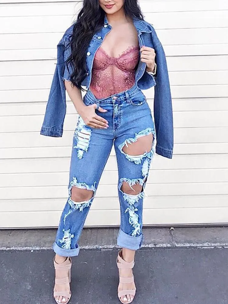 Fashionable Straight Slim Leg Ripped Jeans Distressed Leggings