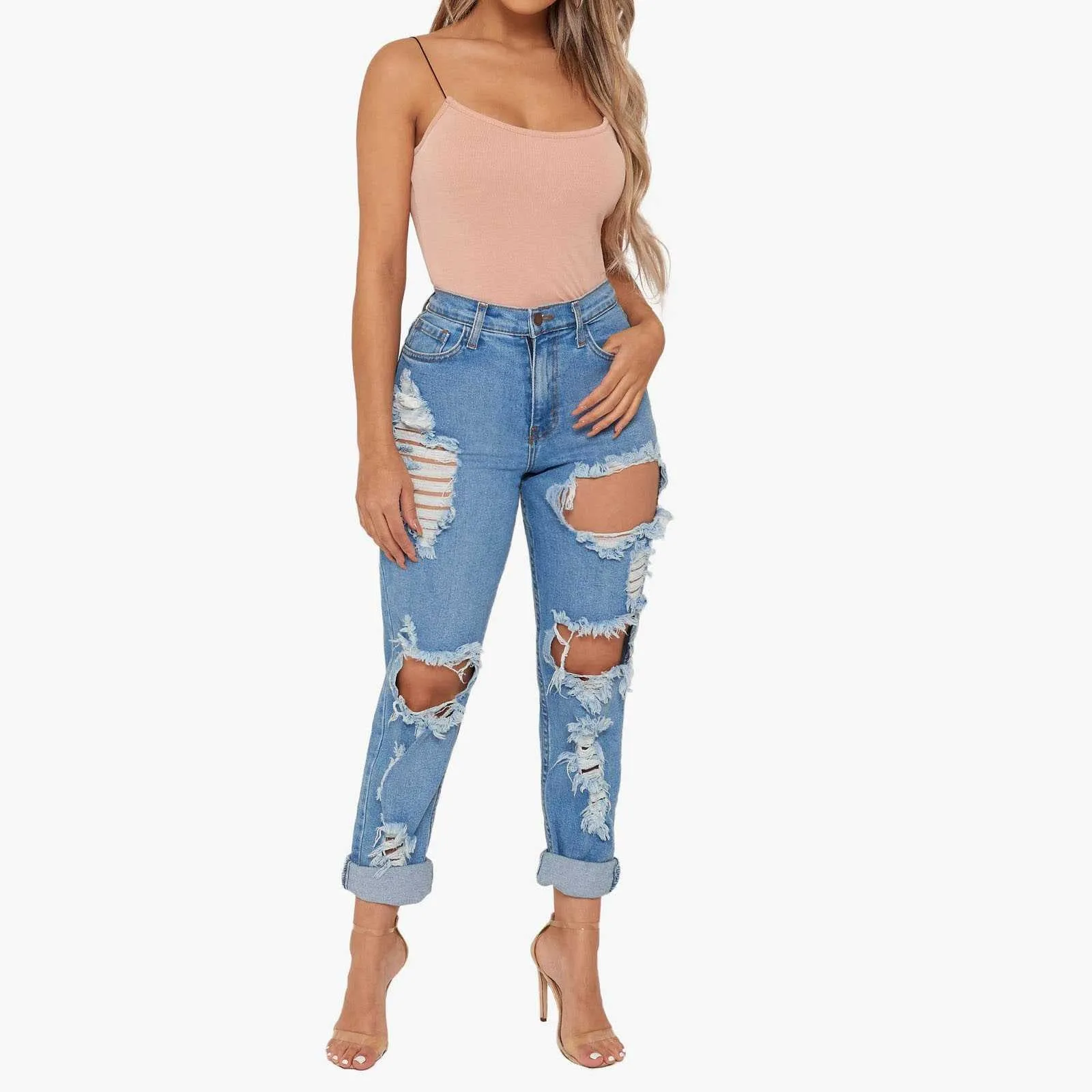 Fashionable Straight Slim Leg Ripped Jeans Distressed Leggings