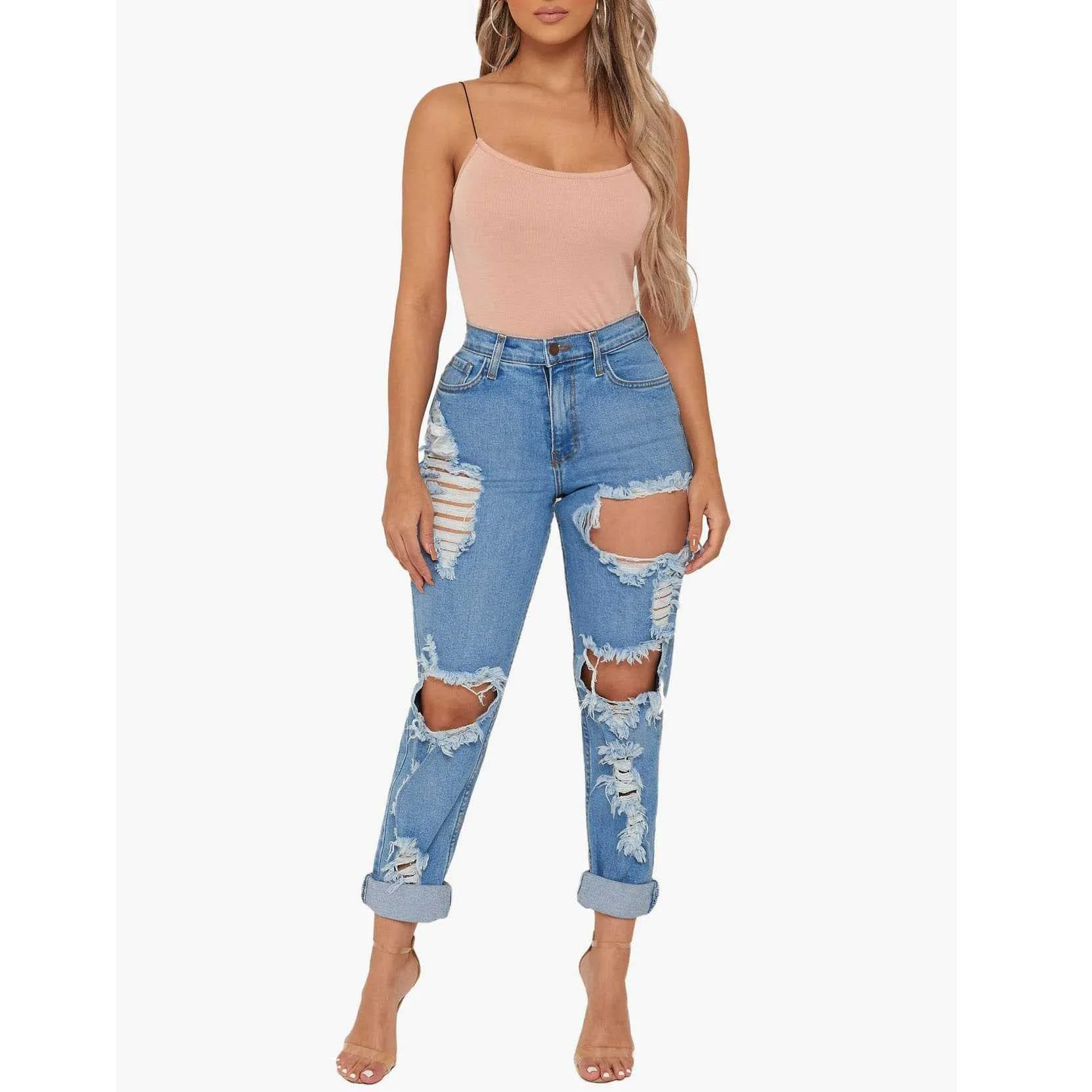 Fashionable Straight Slim Leg Ripped Jeans Distressed Leggings