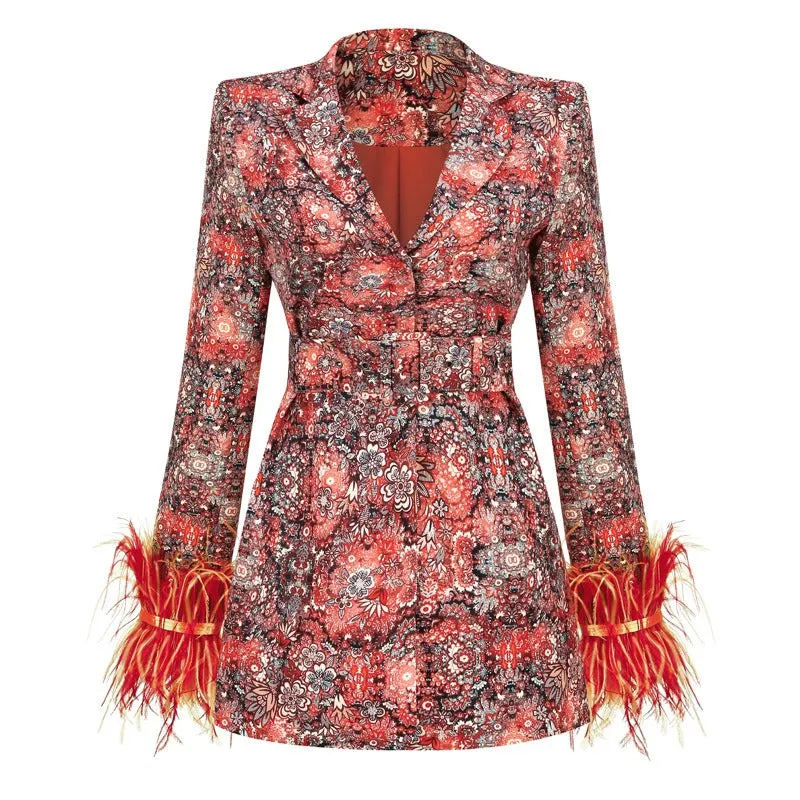 Floral Feather Long Sleeve Mini Blazer Dress