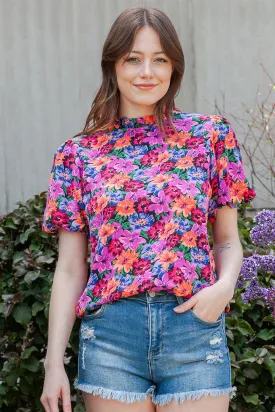 Floral Print Puff Sleeve Round Neck Blouse