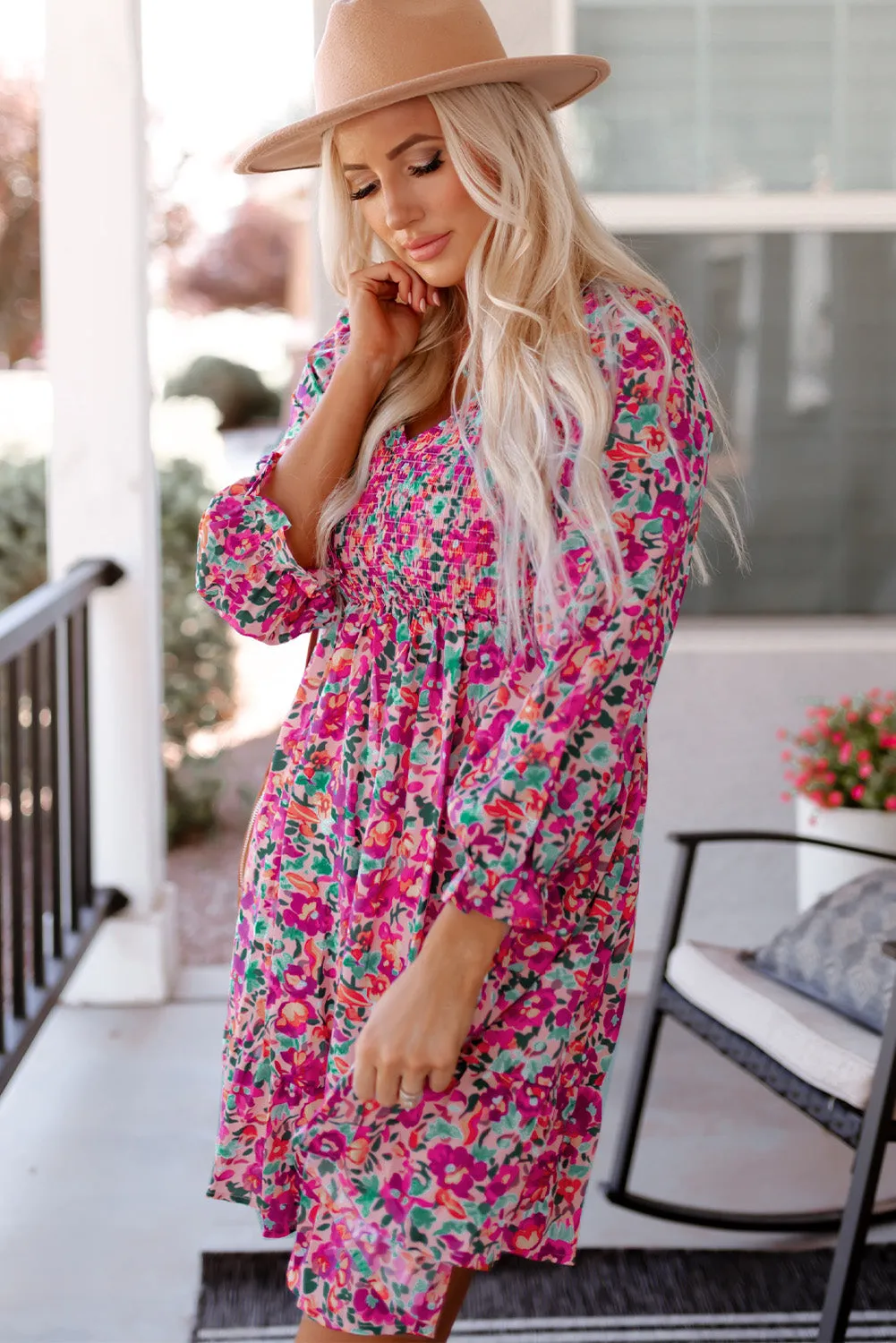 Floral Smocked V-Neck Flounce Sleeve Dress