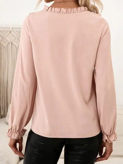 Frill Round Neck Flounce Sleeve Blouse