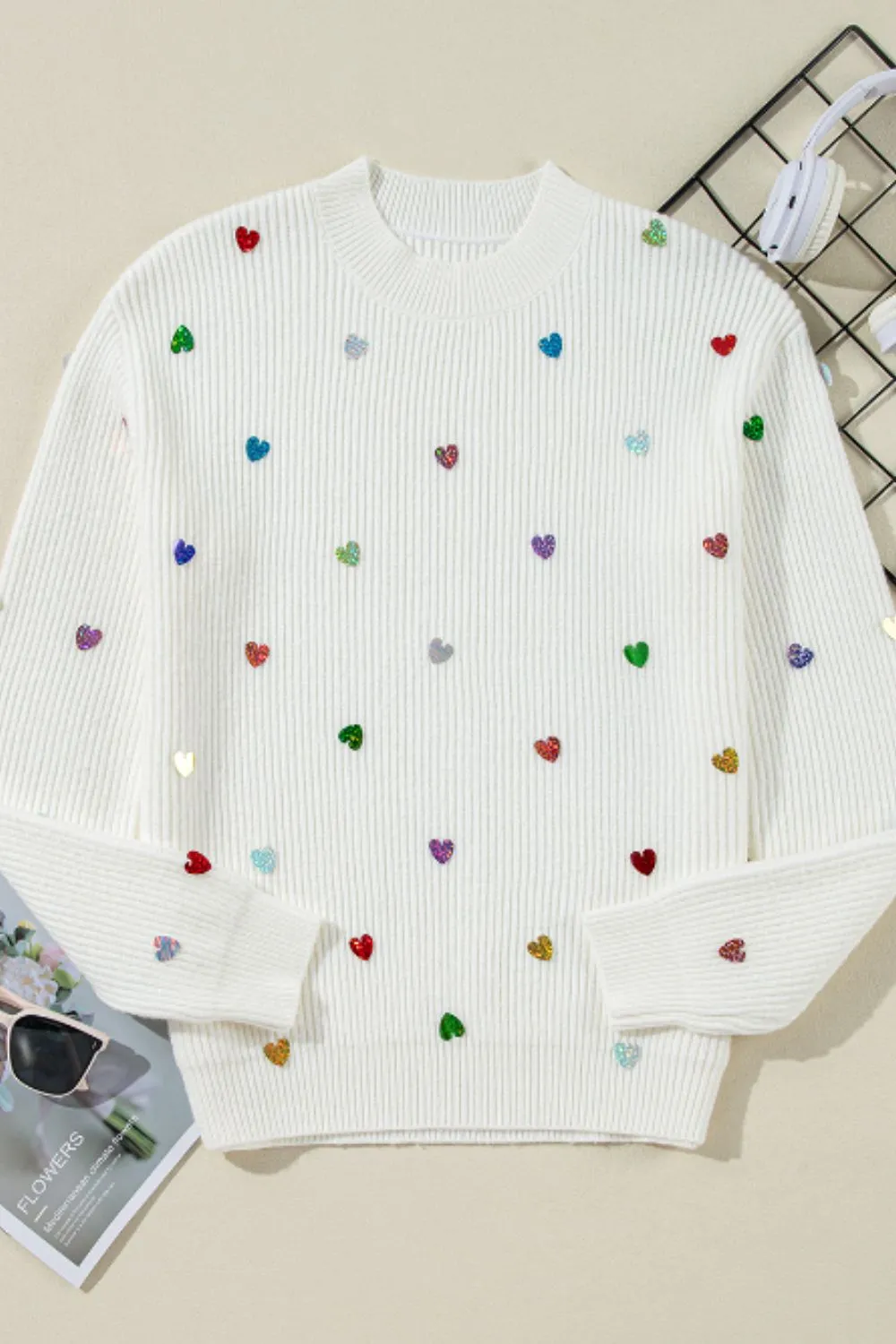 Heart Sequin Round Neck Long Sleeve Sweater