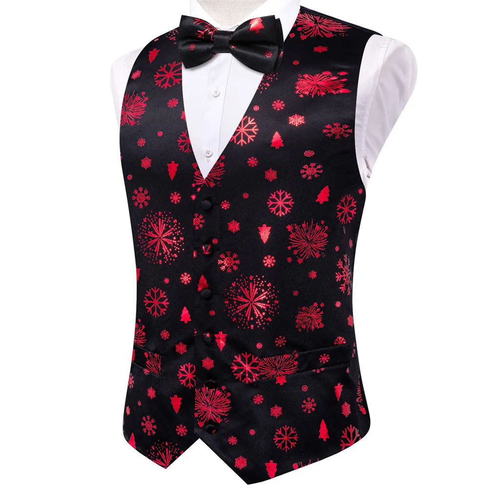 Hi-Tie Black Red Christmas Tree Elements Vest Necktie Bowtie Set