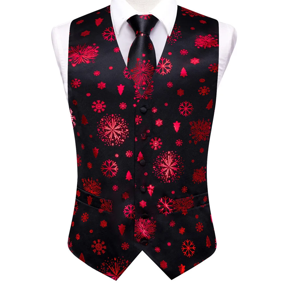 Hi-Tie Black Red Christmas Tree Elements Vest Necktie Bowtie Set