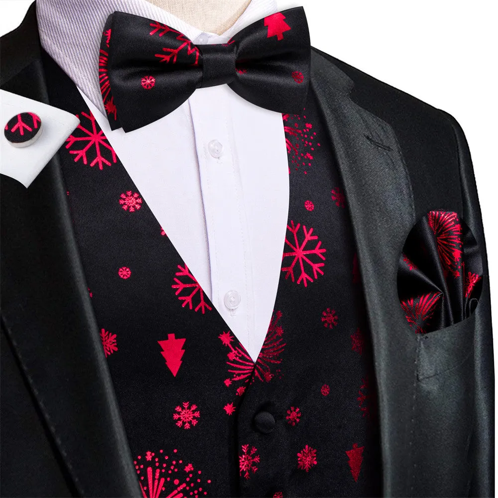 Hi-Tie Black Red Christmas Tree Elements Vest Necktie Bowtie Set