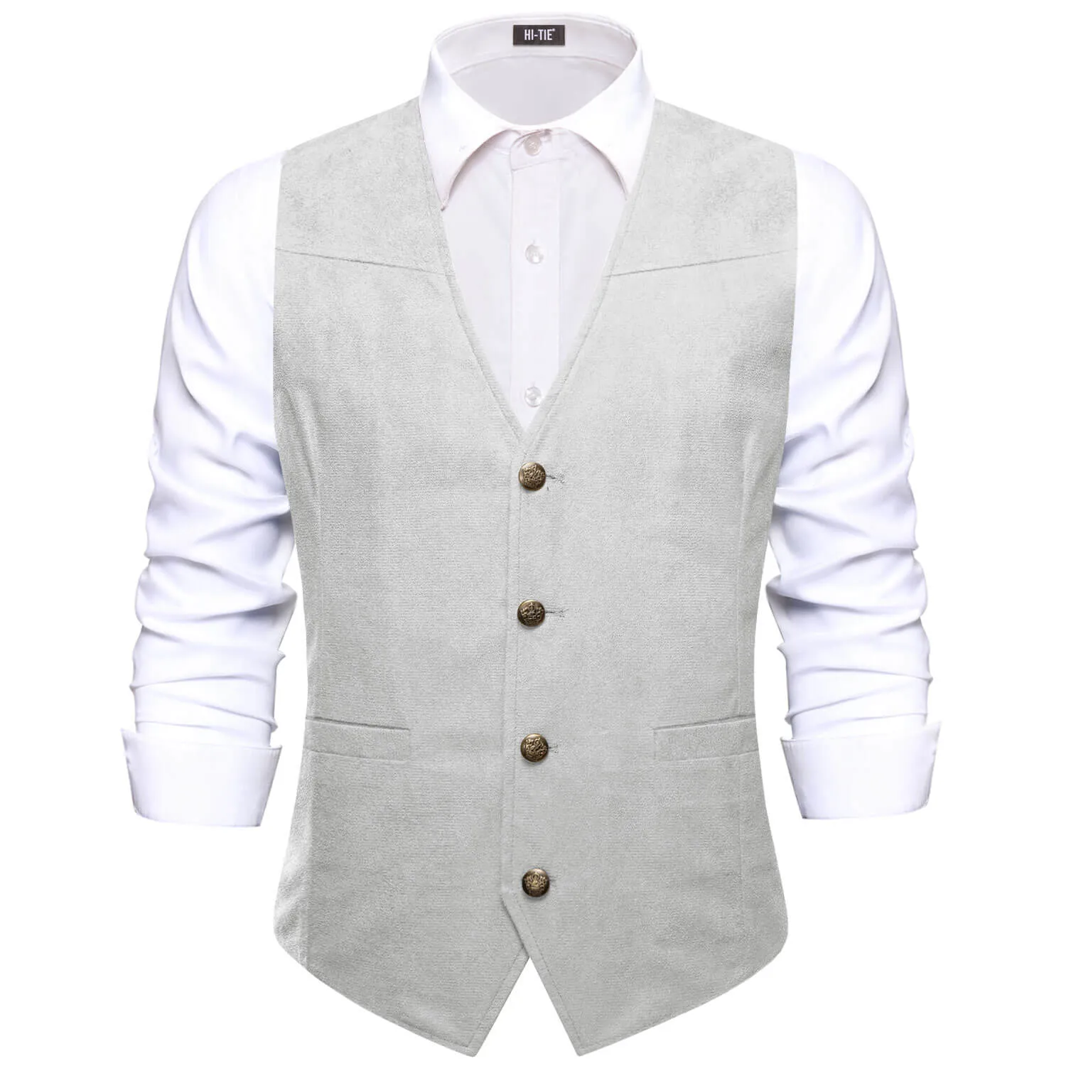 Hi-Tie Button Vest Solid Light Gray Suede Single Waistcoat for Men