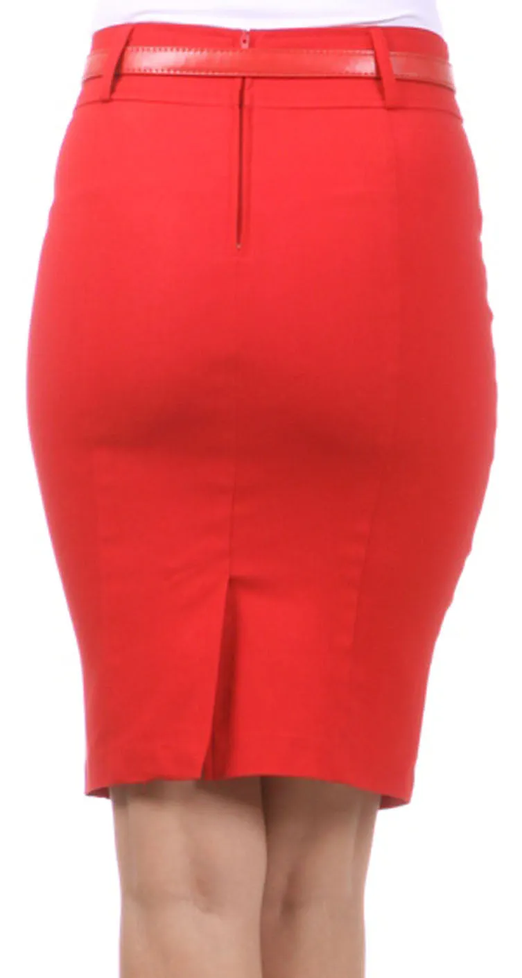 Knee Length Stretch Pencil Skirt with Skinny Belt