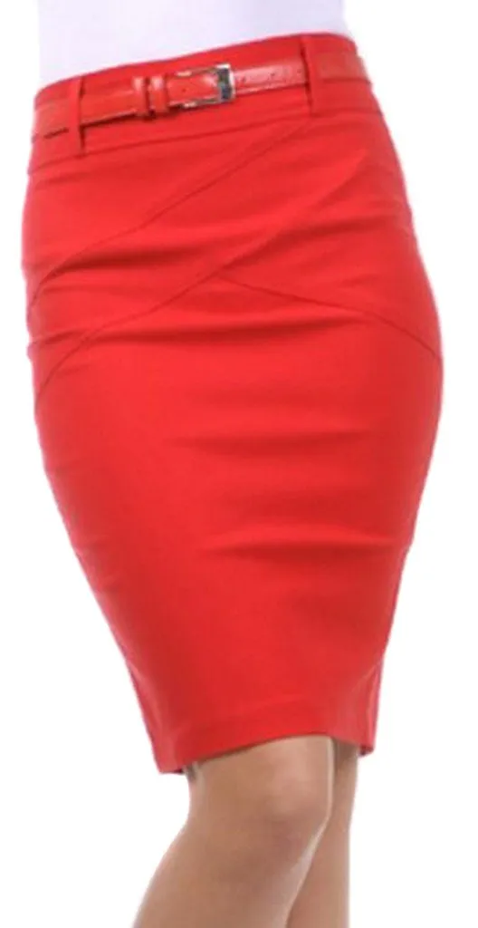 Knee Length Stretch Pencil Skirt with Skinny Belt