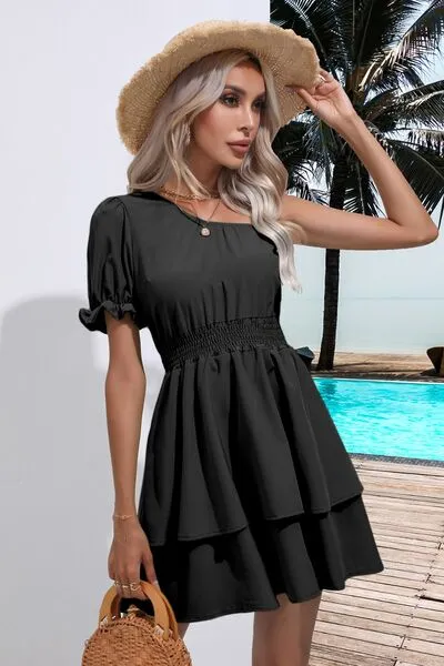 Layered Single Shoulder Flounce Sleeve Mini Dress