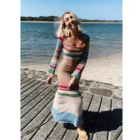 Long Sleeve See-Through Mesh Loose Striped Slimming Fall Summer Maxi Knitting Dress