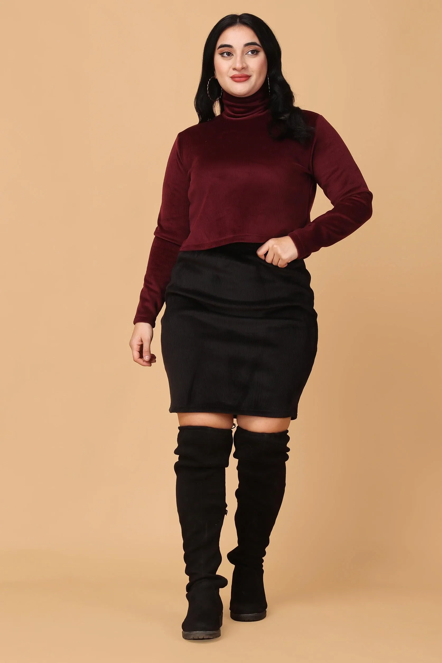 Maroon Solid Ribbed Knit Top