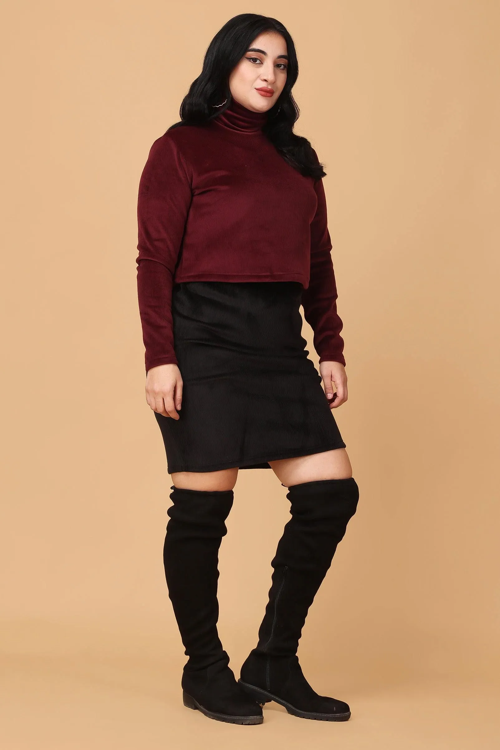 Maroon Solid Ribbed Knit Top