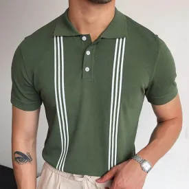 Men Business Casual Green Striped Slim Fit Short Sleeve Polo Knit T-Shirts Tops