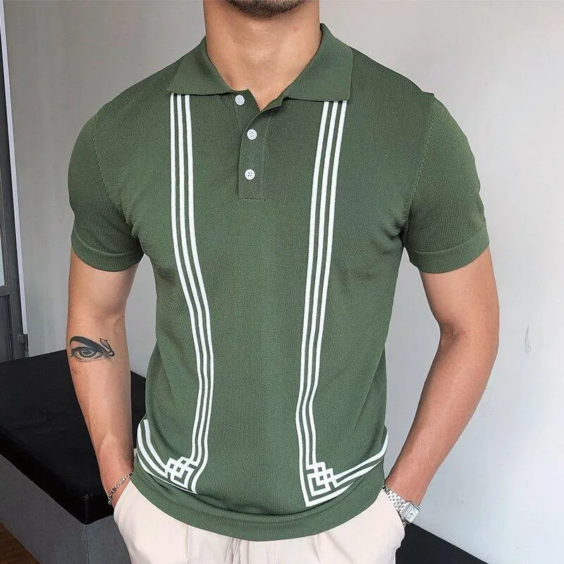 Men Business Casual Green Striped Slim Fit Short Sleeve Polo Knit T-Shirts Tops