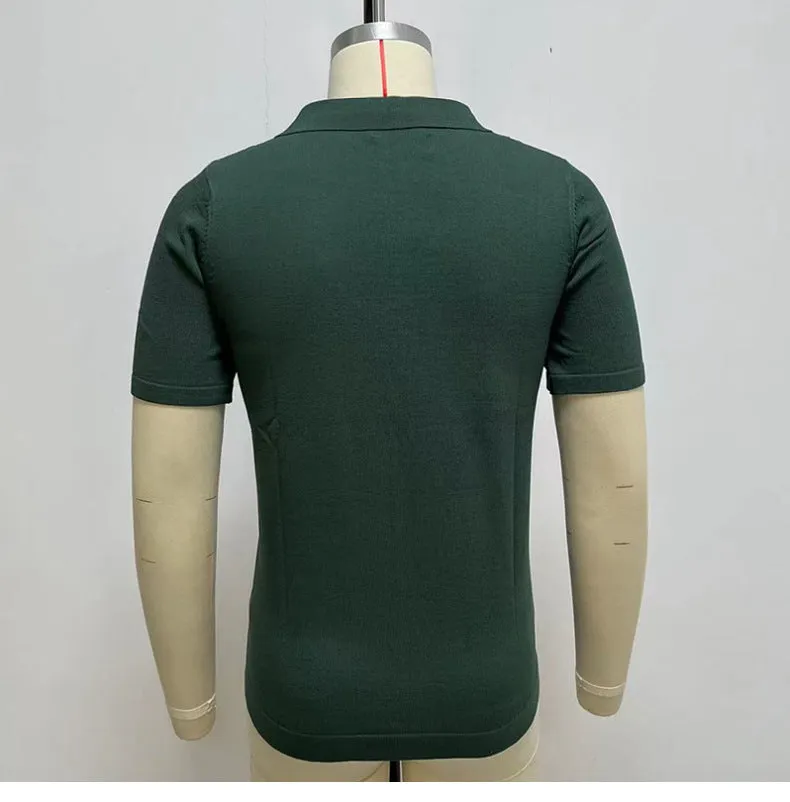 Men Business Casual Green Striped Slim Fit Short Sleeve Polo Knit T-Shirts Tops