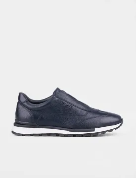 Men Navy Blue Genuine Leather Sneakers