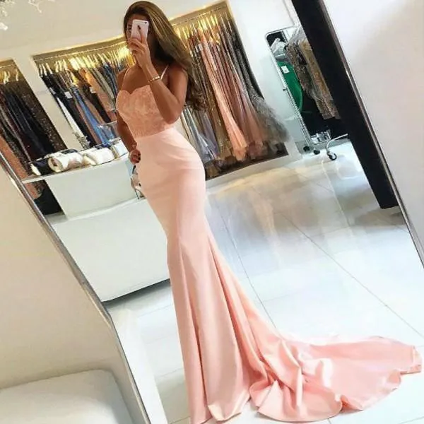 Mermaid Spaghetti Straps Sweep Train Pink Stretch Satin Prom Dress PG725