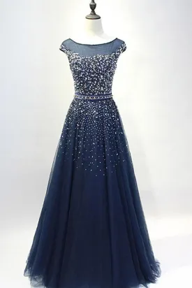 Navy Blue Round Neck Tulle Sequins Full Length Prom Dresses  PSK101