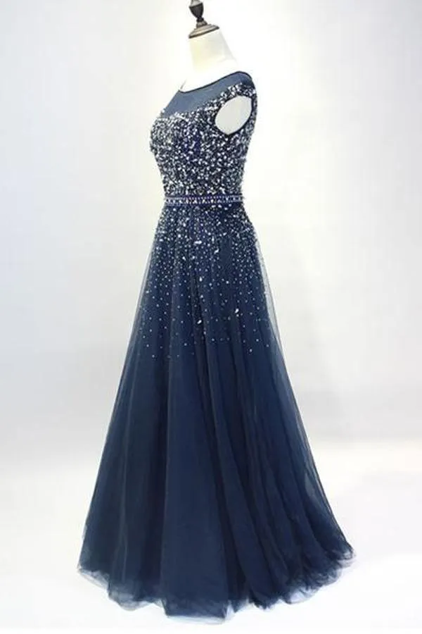 Navy Blue Round Neck Tulle Sequins Full Length Prom Dresses  PSK101